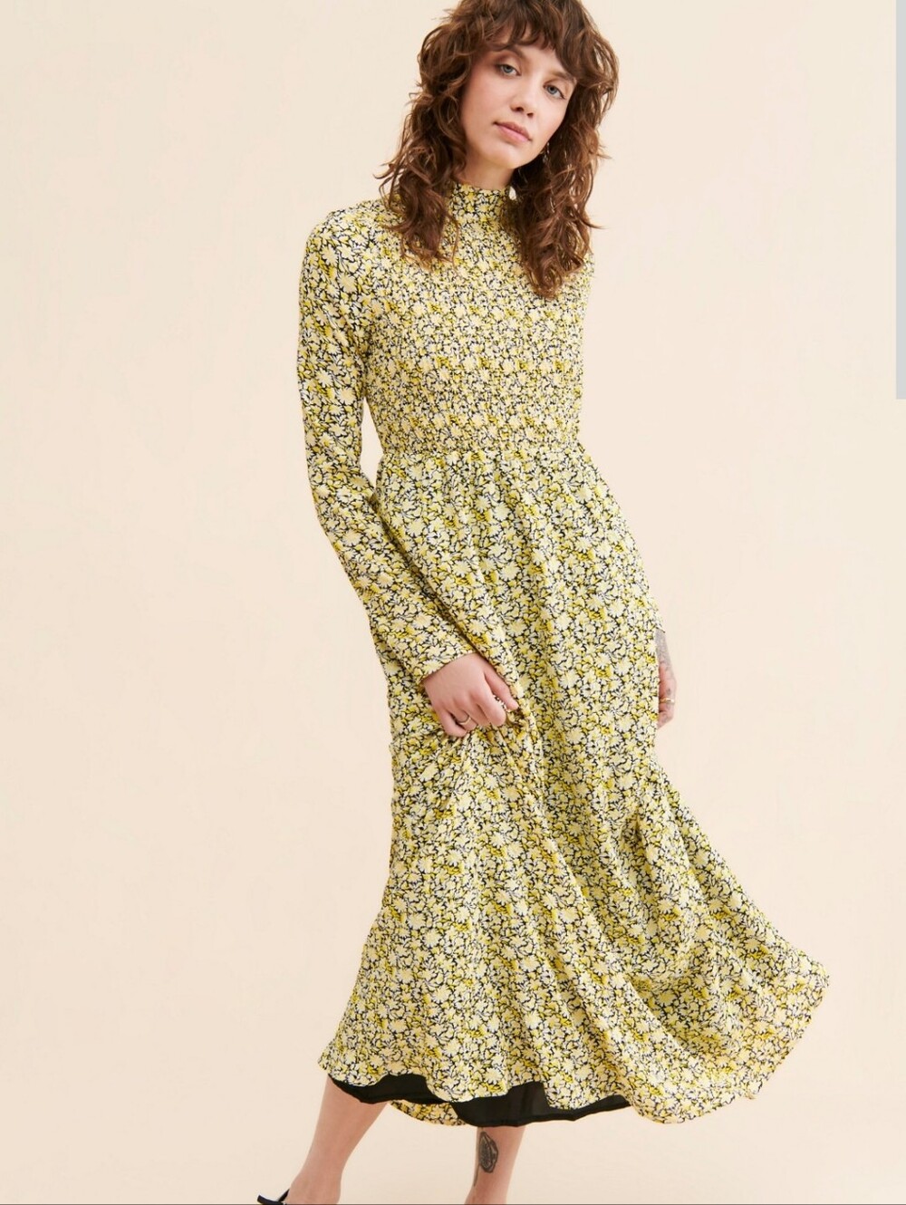 Smocked Yellow Floral Maxi Dress with Long Sleeves